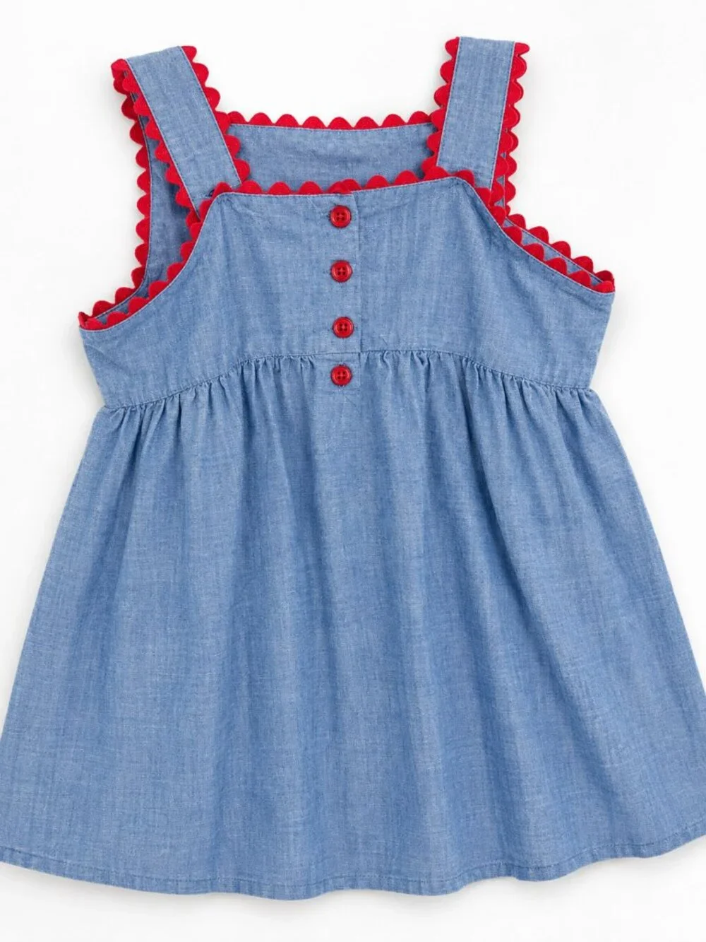 Gymboree Girls Chambray Apple Dress Size 8 | Red Ric Rac Trim | Like New